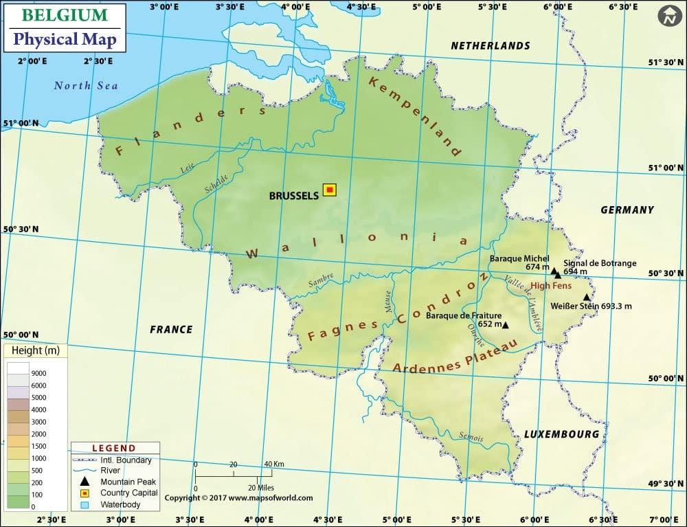 Mapa Belgie nadmořská výška